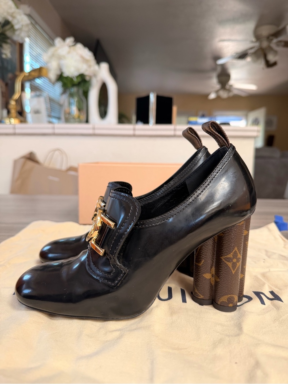 Louis Vuitton Black Patent Leather Heeled Loafers with Gold LV Hardware - Picture 7 of 14